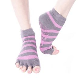 Grey Pink Women's Non Slip Yoga Socks Strong Grip Cotton Toeless Socks