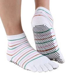 Women's Non-Slip Socks Full Toe Yoga Socks  Striped Cotton Pilates Socks,White