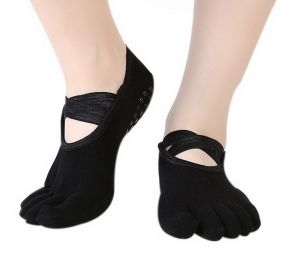 Yoga Socks Cotton Non Slip Cross Belt Style Toe Socks Fitness Dance Socks, Black